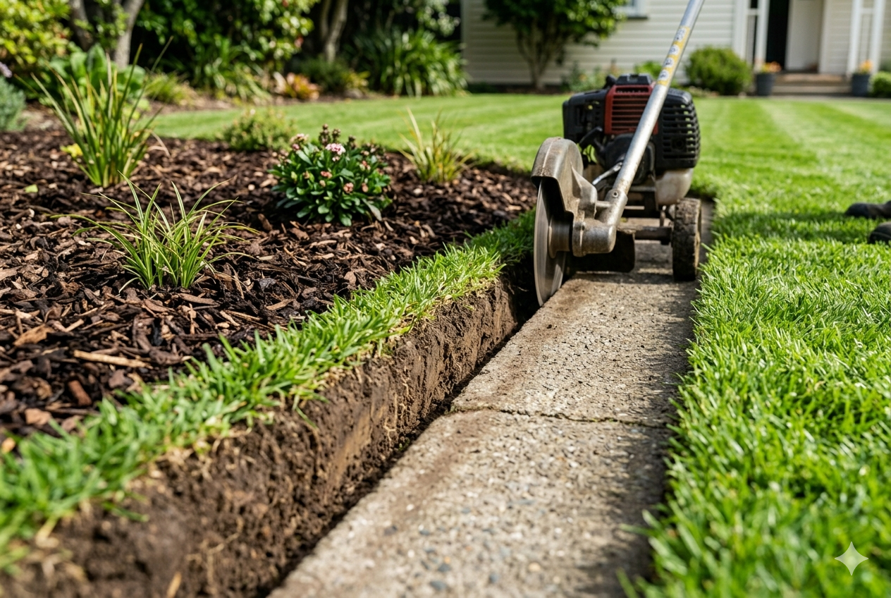 Lawn edging in progress — clean sharp finish at a Wellington home